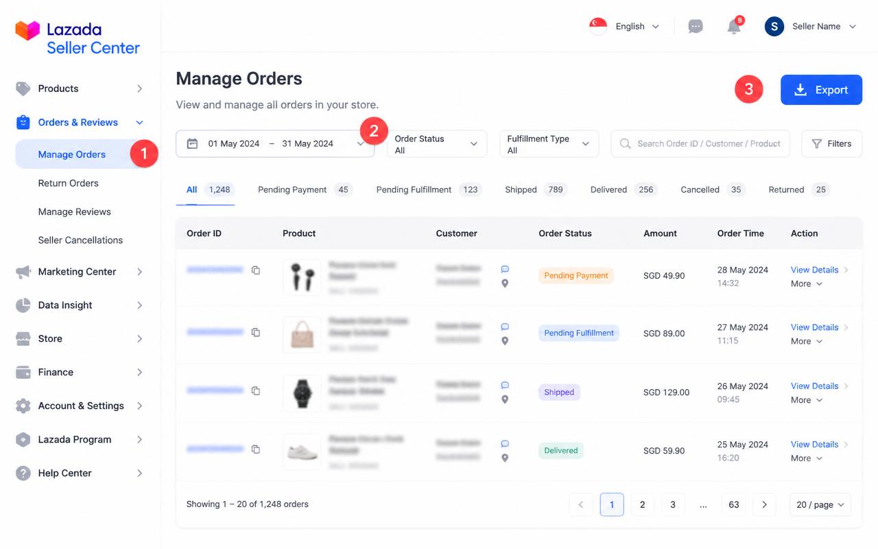 Ảnh hướng dẫn lấy file báo cáo Lazada