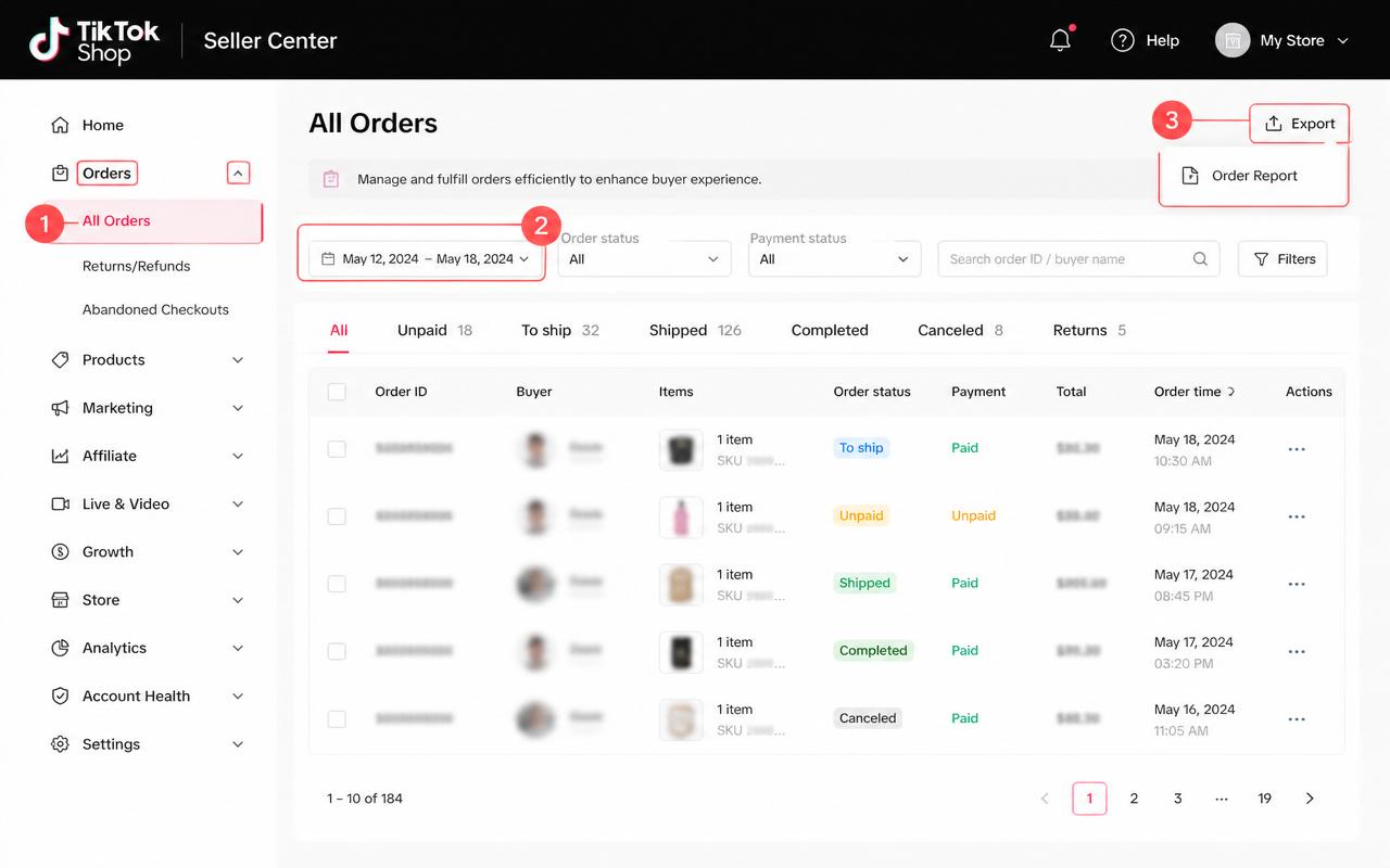 Ảnh hướng dẫn lấy file báo cáo TikTok Shop
