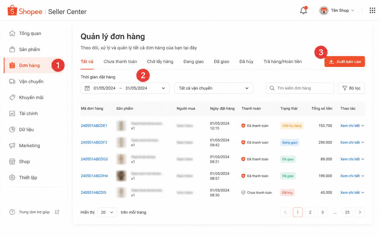 Ảnh hướng dẫn lấy file báo cáo Shopee